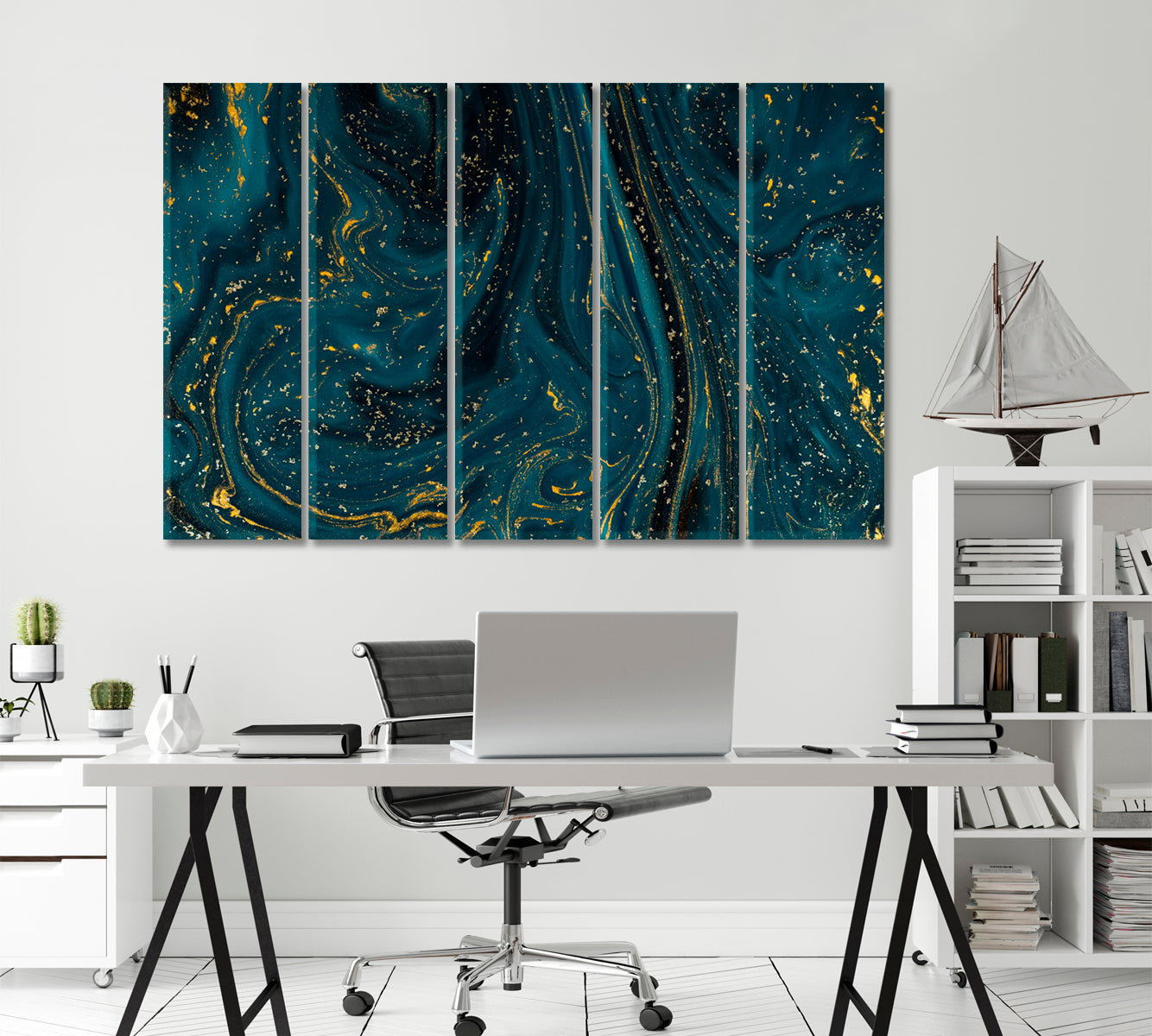Creative Dark Blue Marble Pattern With Gold Glitter Canvas Print-Canvas Print-CetArt-5 Panels-36x24 inches-CetArt