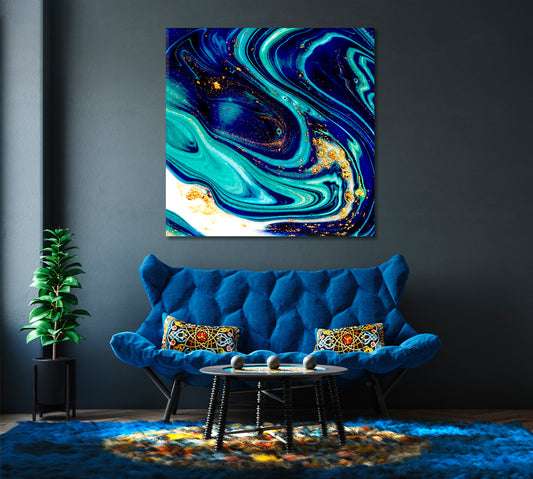 Abstract Blue Marble with Golden Powder Canvas Print-Canvas Print-CetArt-1 panel-12x12 inches-CetArt