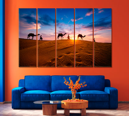 Camel Caravan Silhouette in Desert at Sunset Canvas Print-Canvas Print-CetArt-1 Panel-24x16 inches-CetArt