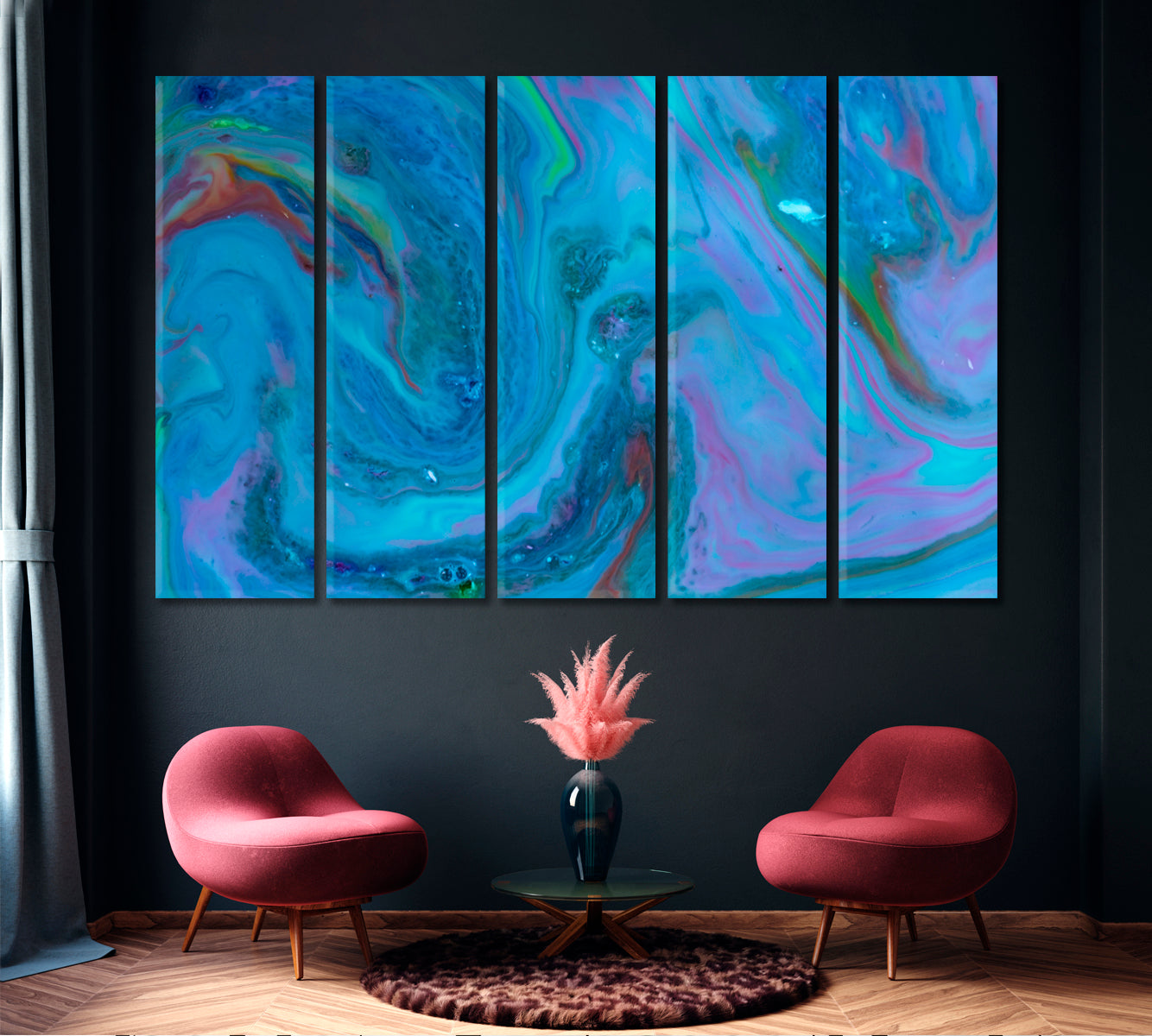 Abstract Blue Contemporary Waves Canvas Print-Canvas Print-CetArt-5 Panels-36x24 inches-CetArt