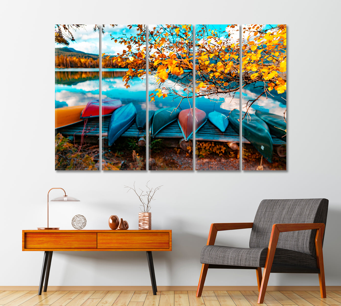 Canoes On Lake at Autumn Forest Canvas Print-Canvas Print-CetArt-1 Panel-24x16 inches-CetArt