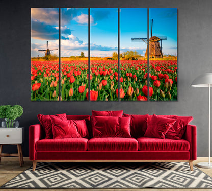 Tulip Field and Two Windmills Holland Canvas Print-Canvas Print-CetArt-1 Panel-24x16 inches-CetArt