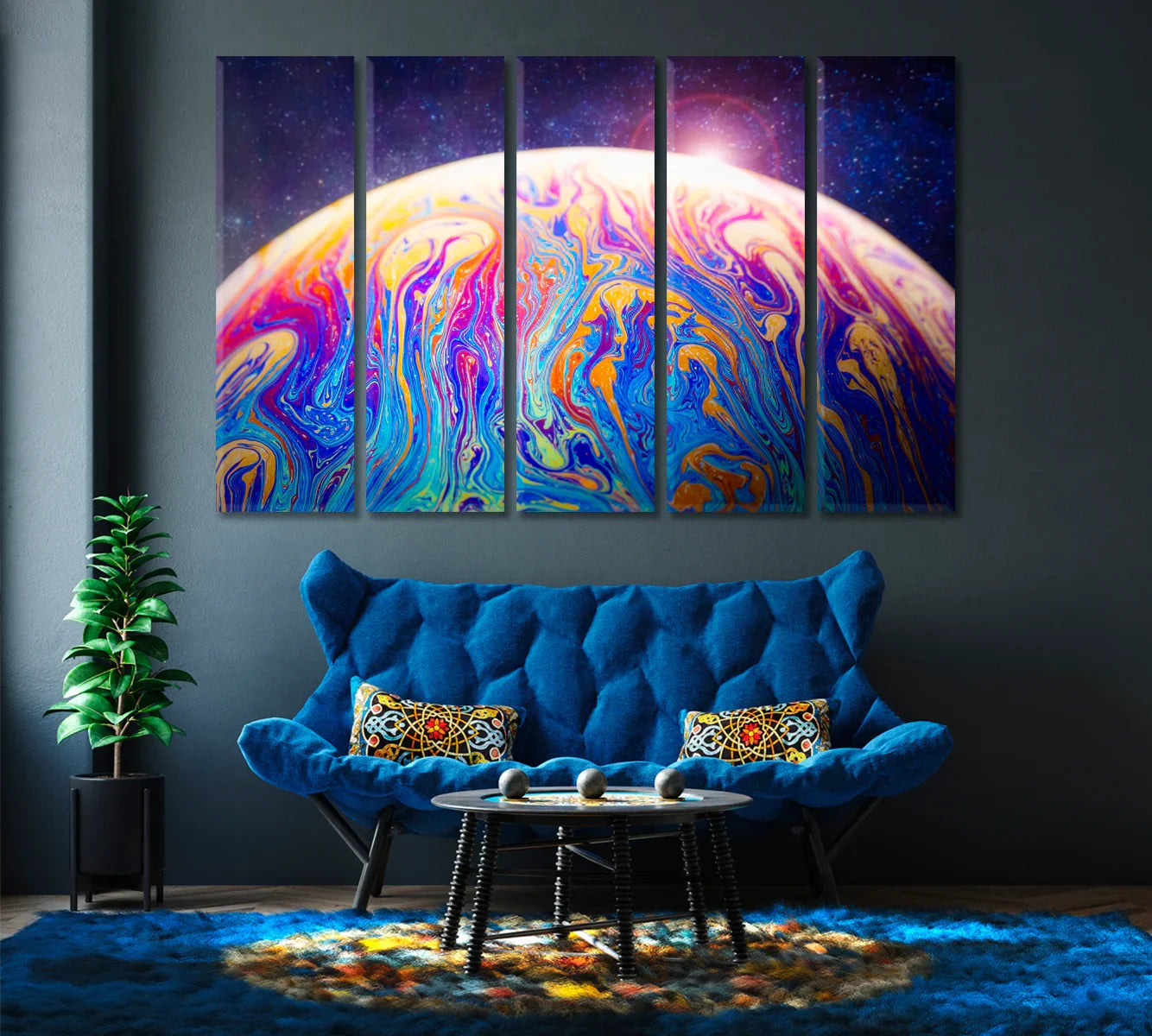 Room visualization: Psychedelic Planet canvas above a modern sofa with neutral textiles.