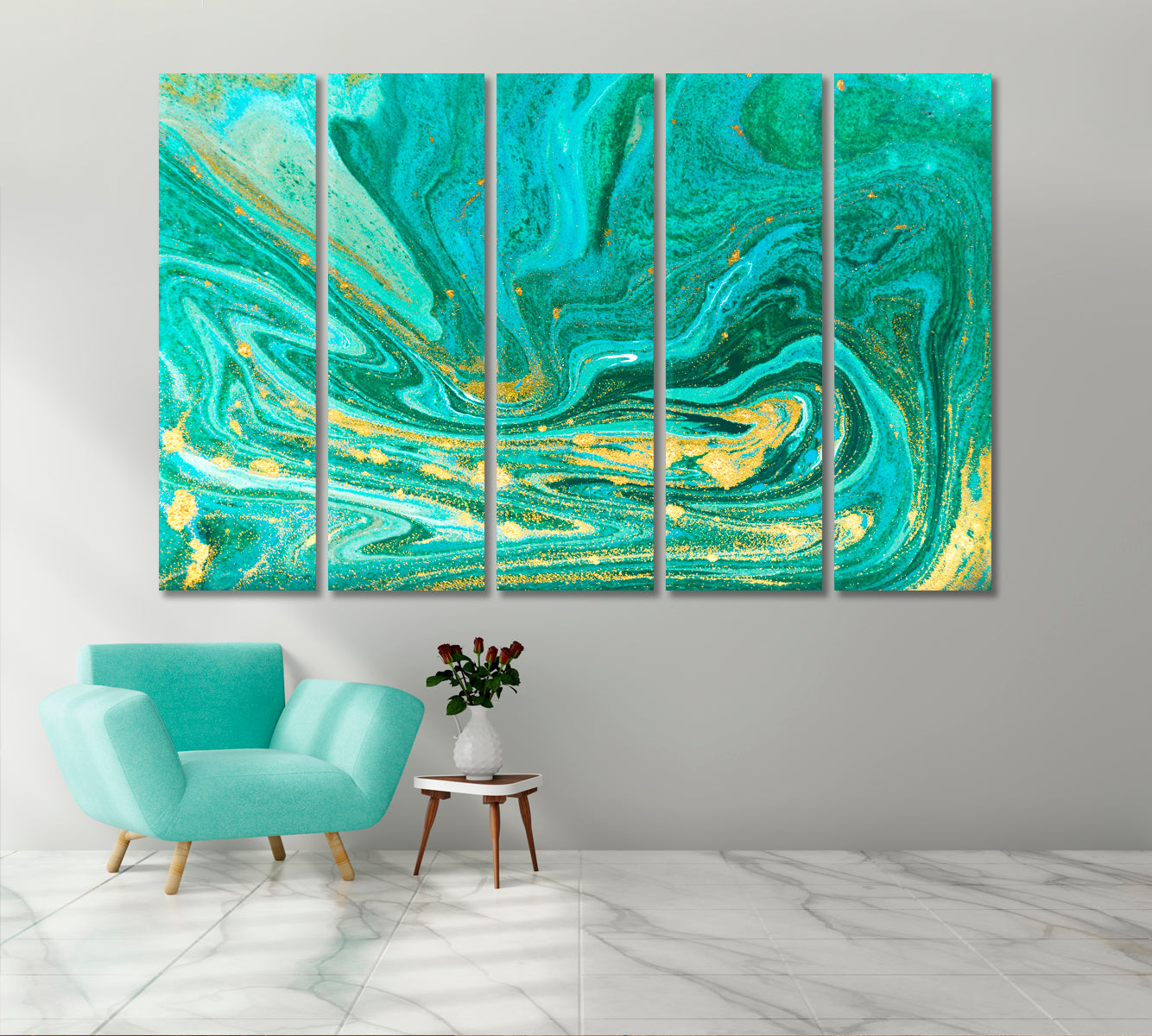 Turquoise And Gold Marble Pattern Canvas Print-Canvas Print-CetArt-5 Panels-36x24 inches-CetArt