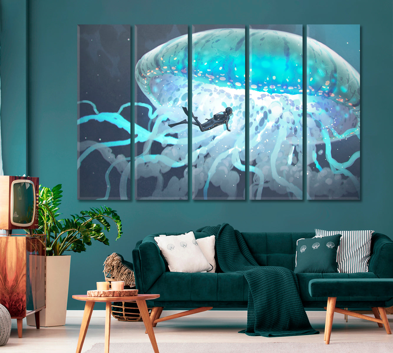 Giant Jellyfish with Diver Canvas Print-Canvas Print-CetArt-1 Panel-24x16 inches-CetArt