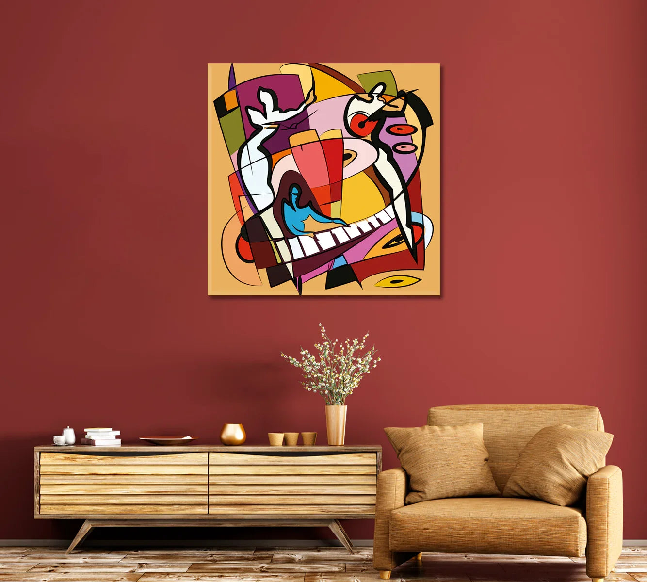 Abstract Jazz Music canvas print styled above a mid-century console on a terracotta wall — modern wall art with piano keys and bold color blocks