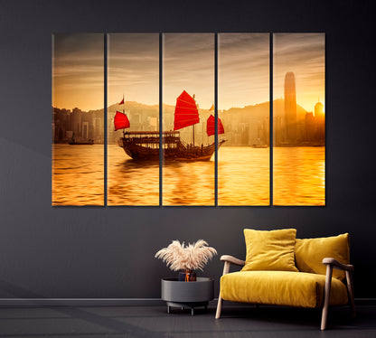 Sunset in Hong Kong Skyline with Sailing Boat in Victoria Harbor Canvas Print-Canvas Print-CetArt-1 Panel-24x16 inches-CetArt