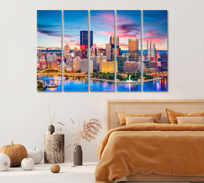 Colorful Skyscrapers of Pittsburgh at Dusk USA Canvas Print-Canvas Print-CetArt-1 Panel-24x16 inches-CetArt