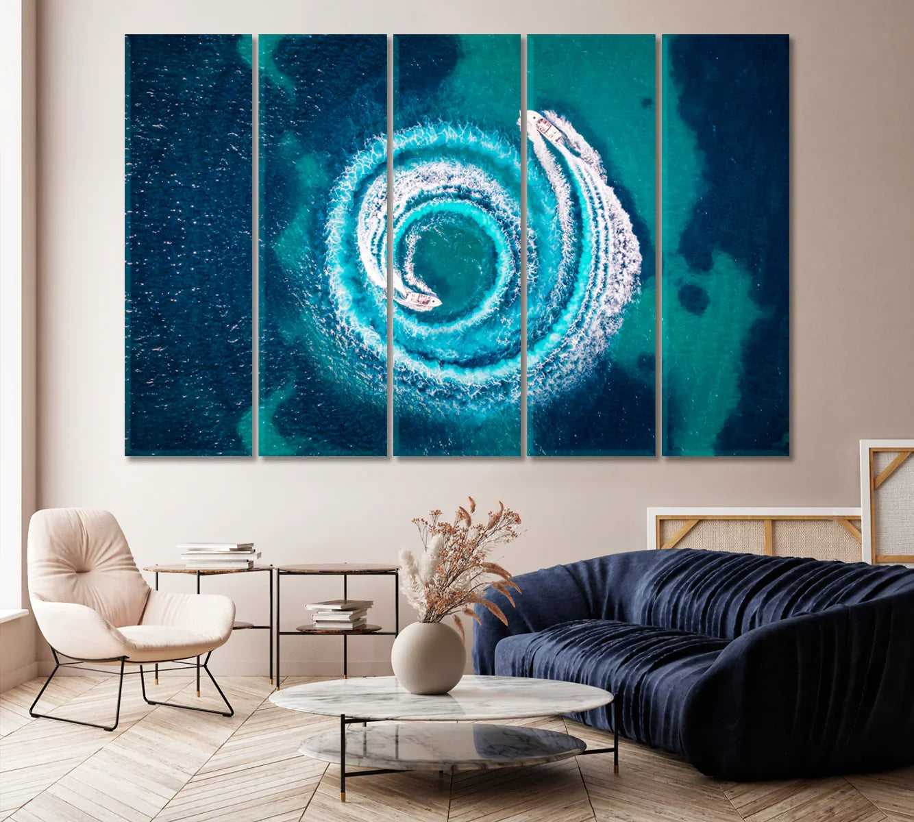 Five-panel installation of turquoise spiral wake above a modern sofa—great for large office walls.