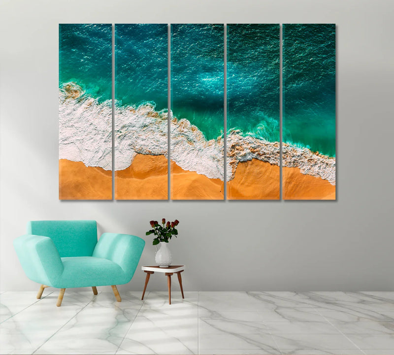 Aerial turquoise shoreline in multi-panel layout