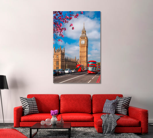 Red Buses and Big Ben London UK Canvas Print-Canvas Print-CetArt-1 panel-16x24 inches-CetArt