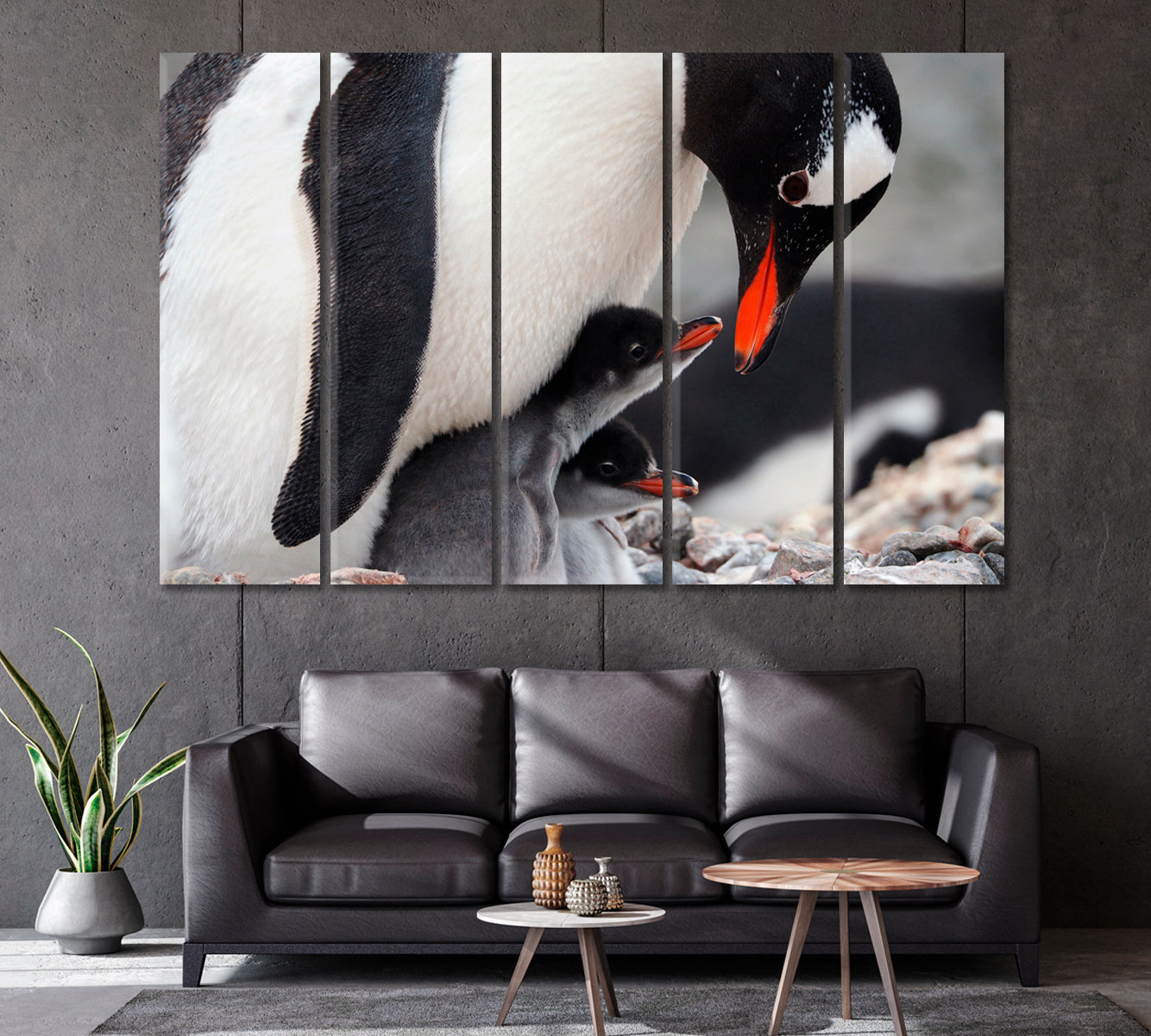 Caring Penguin with Two Chicks Canvas Print-Canvas Print-CetArt-1 Panel-24x16 inches-CetArt