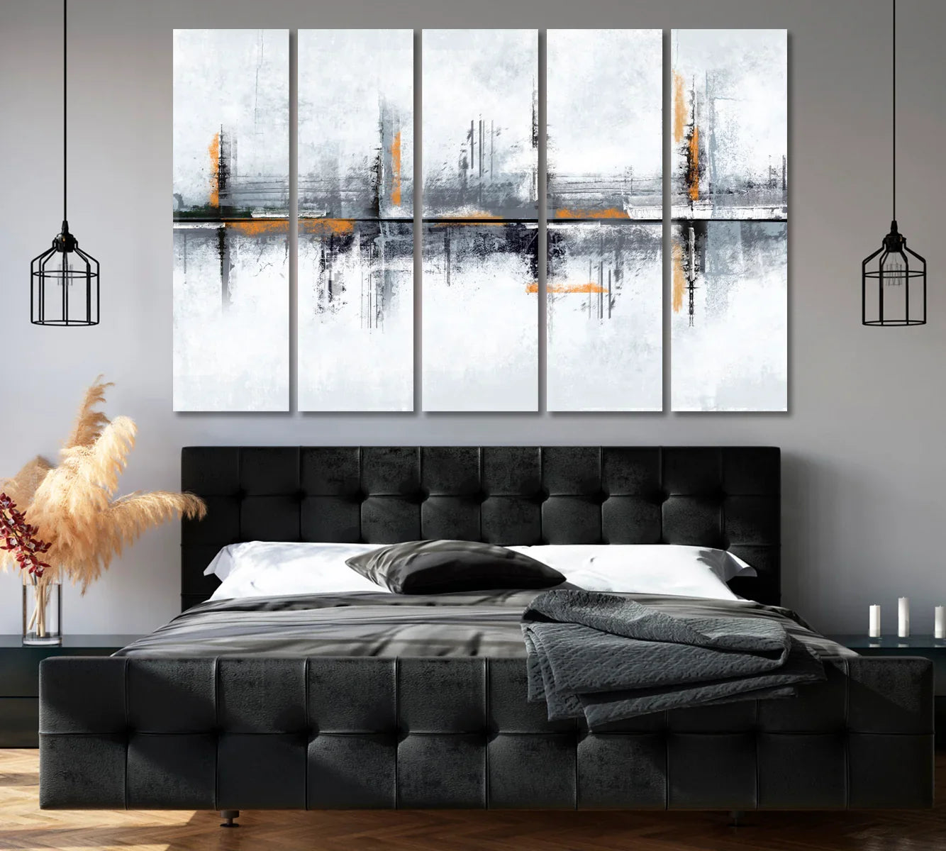 Five-panel installation over a charcoal bed—modern bedroom styling