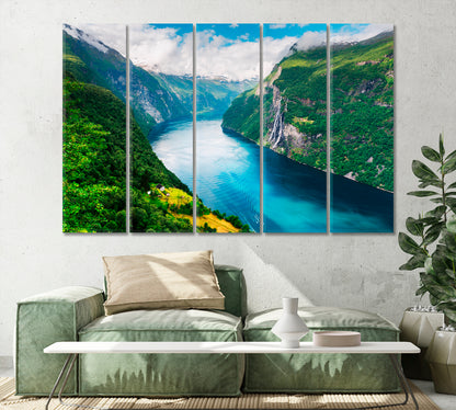 Sunnylvsfjorden Fjord and Seven Sisters Waterfalls Norway Canvas Print-Canvas Print-CetArt-1 Panel-24x16 inches-CetArt