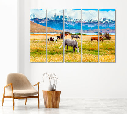 Herd of Wild Horses in Torres del Paine Park in Chile Canvas Print-Canvas Print-CetArt-1 Panel-24x16 inches-CetArt