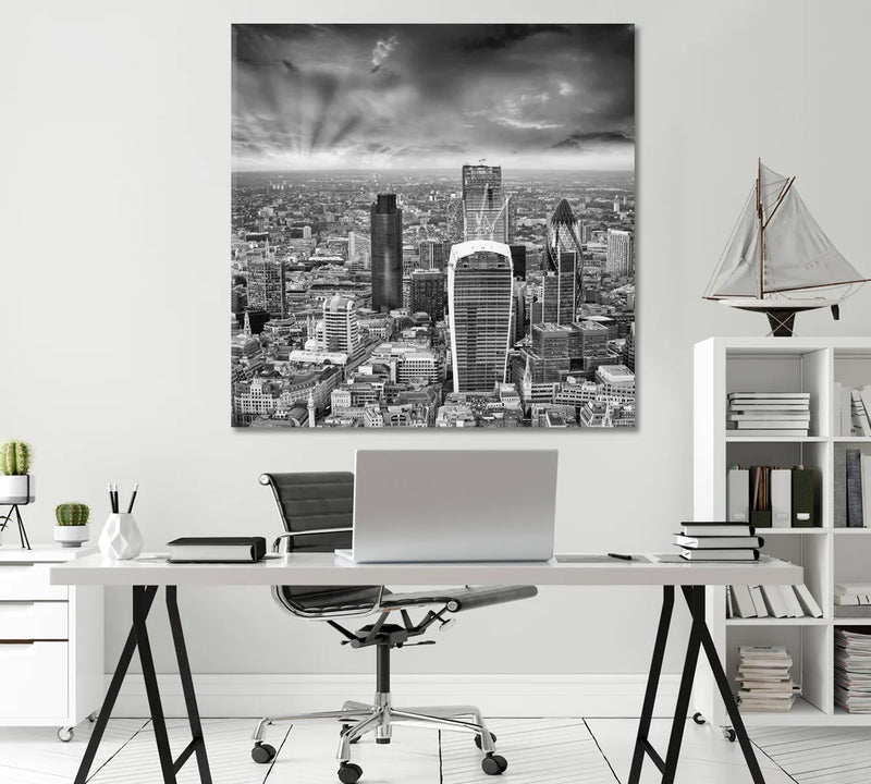 London skyline black & white canvas in home office