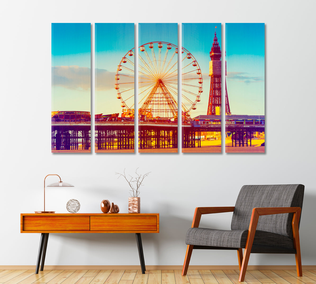 Effect Blackpool Tower and Central Pier Ferris Wheel UK Canvas Print-Canvas Print-CetArt-1 Panel-24x16 inches-CetArt