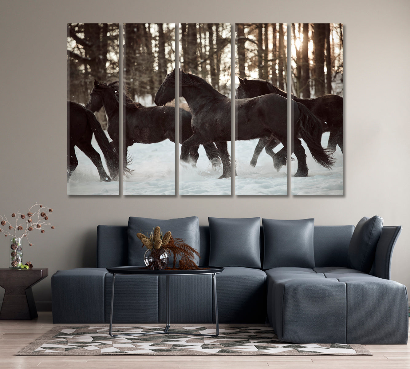 Friesian Horses Running in Winter Forest Canvas Print-Canvas Print-CetArt-1 Panel-24x16 inches-CetArt