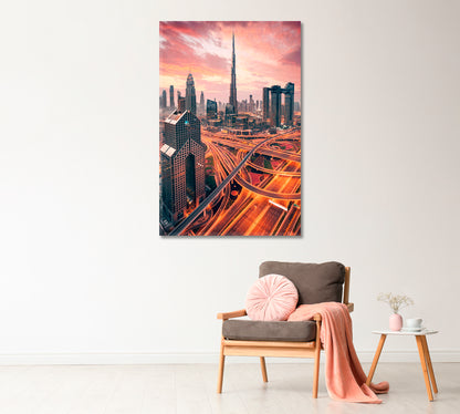 Dubai Skyscrapers and Illuminated Highway UAE Canvas Print-Canvas Print-CetArt-1 panel-16x24 inches-CetArt