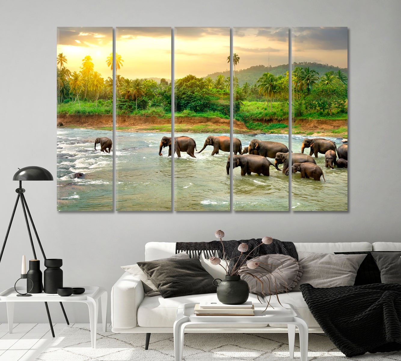 Herd of Elephants in River Canvas Print-Canvas Print-CetArt-1 Panel-24x16 inches-CetArt