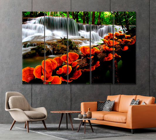 Unusual Orange Mushrooms by the Waterfall Canvas Print-Canvas Print-CetArt-1 Panel-24x16 inches-CetArt