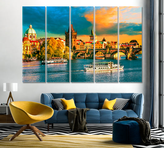 Scenic view on Vltava River and Historical Center Prague Canvas Print-Canvas Print-CetArt-1 Panel-24x16 inches-CetArt