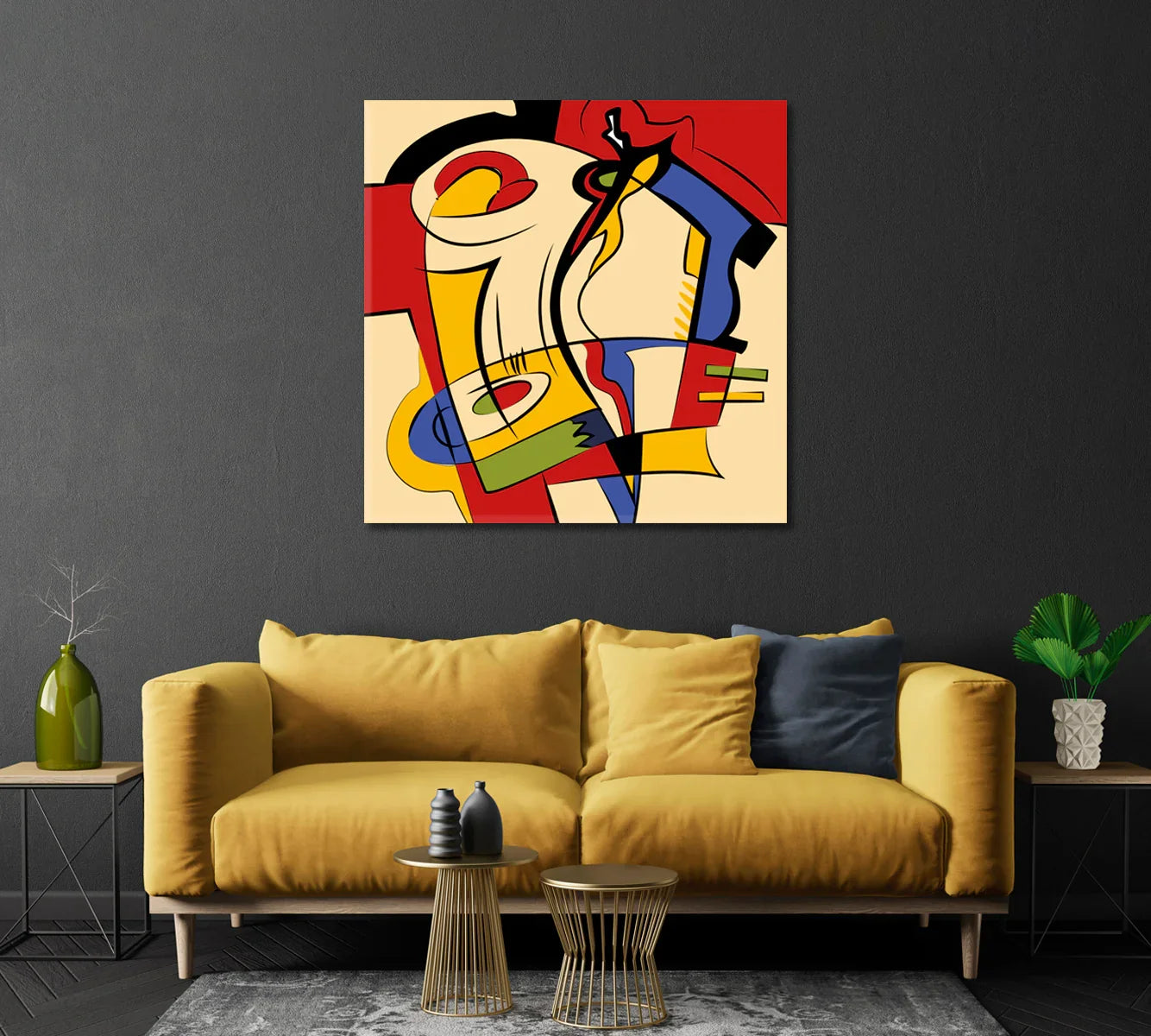 Geometric canvas in a charcoal living room with gold accents