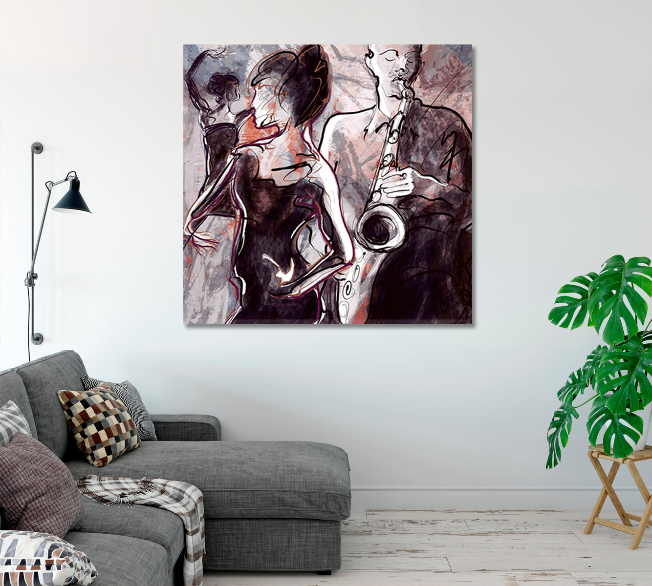 Jazz Saxophonist and Two Dancing Women Canvas Print-Canvas Print-CetArt-1 panel-12x12 inches-CetArt