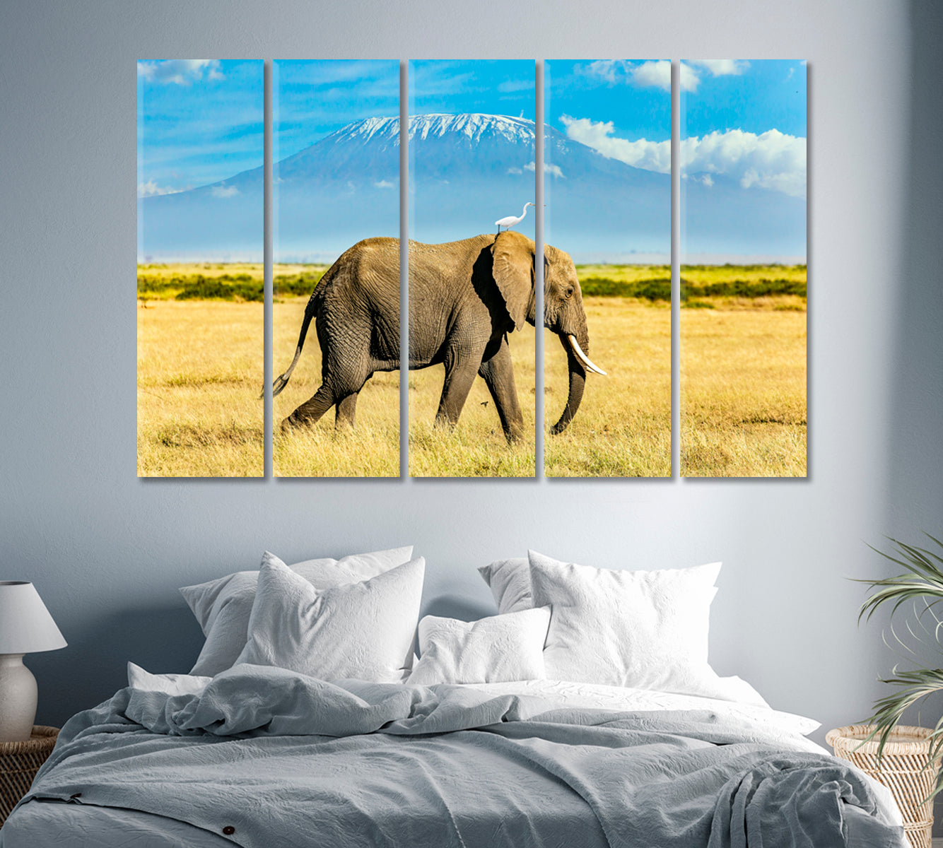 Heron on Elephant Head Against Mount Kilimanjaro Canvas Print-Canvas Print-CetArt-1 Panel-24x16 inches-CetArt