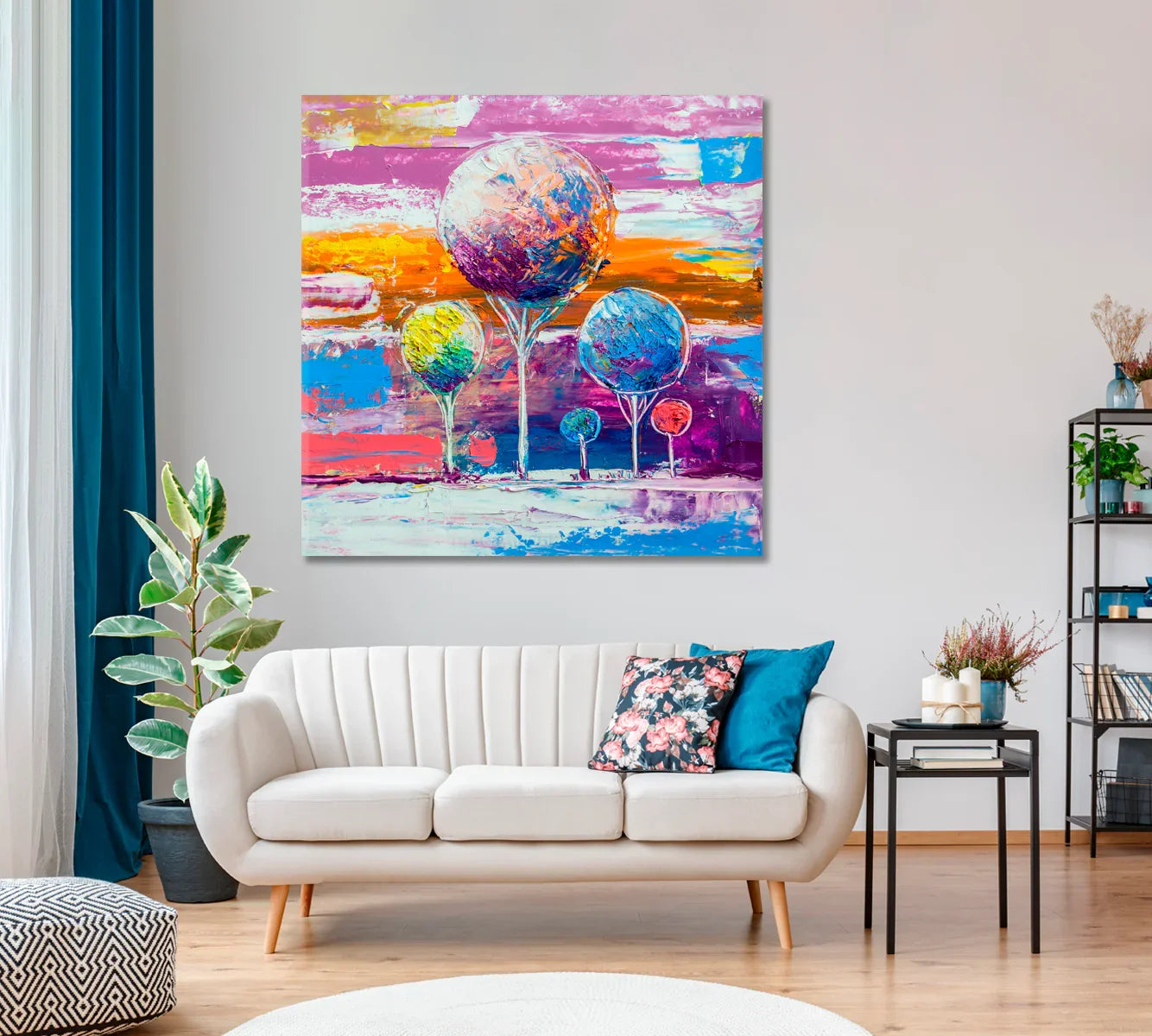 Abstract Multicolor Trees canvas artwork styled above a cream sofa with teal accents