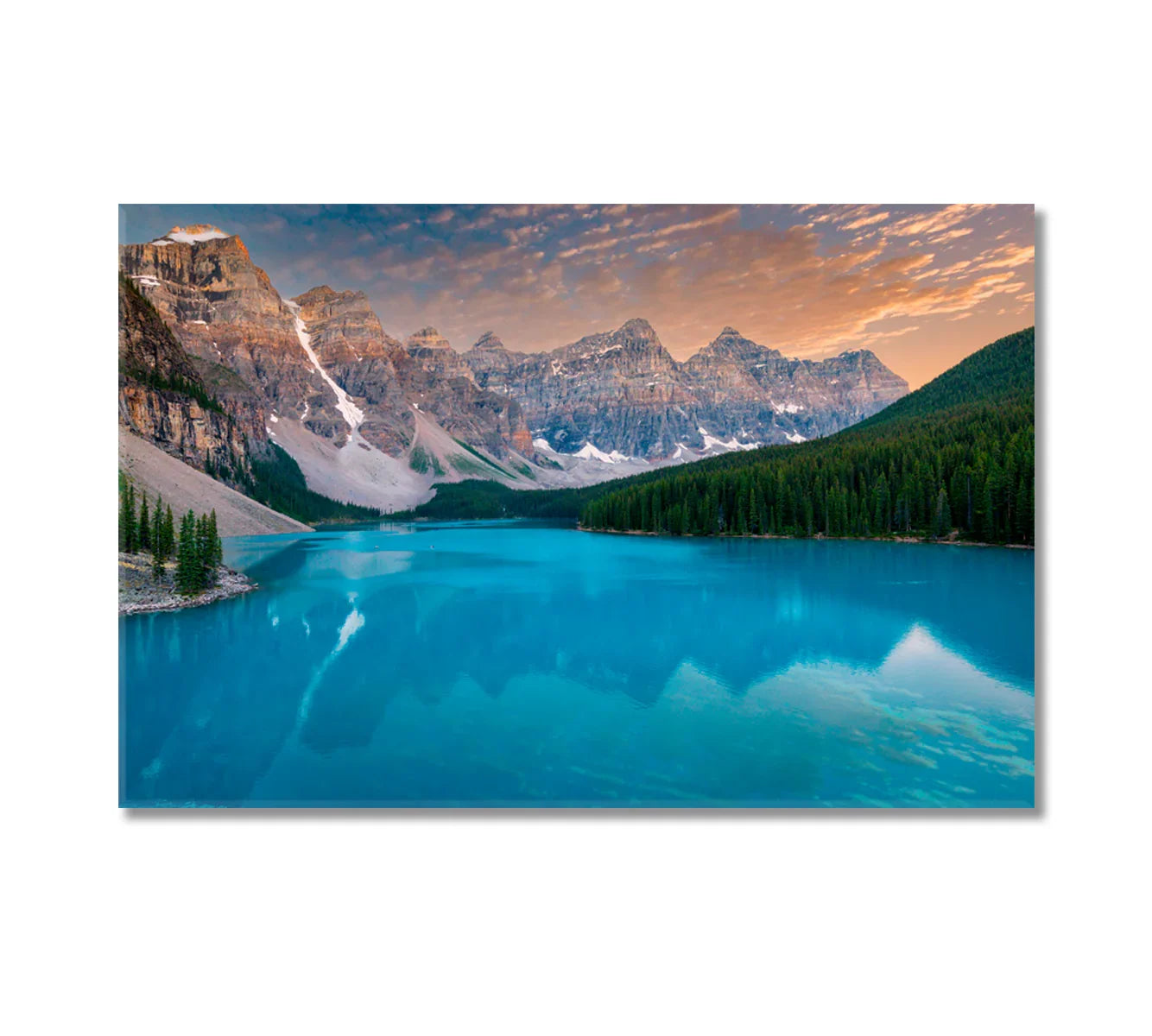 Moraine Lake at Evening, Alberta canvas print—turquoise lake, pine forest and Canadian Rockies at sunset