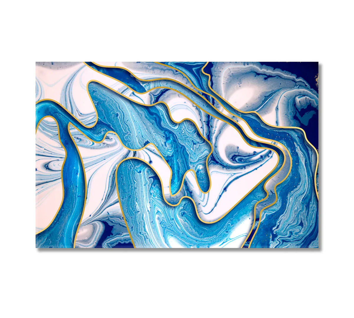 Blue wavy abstract modern canvas with gold accents