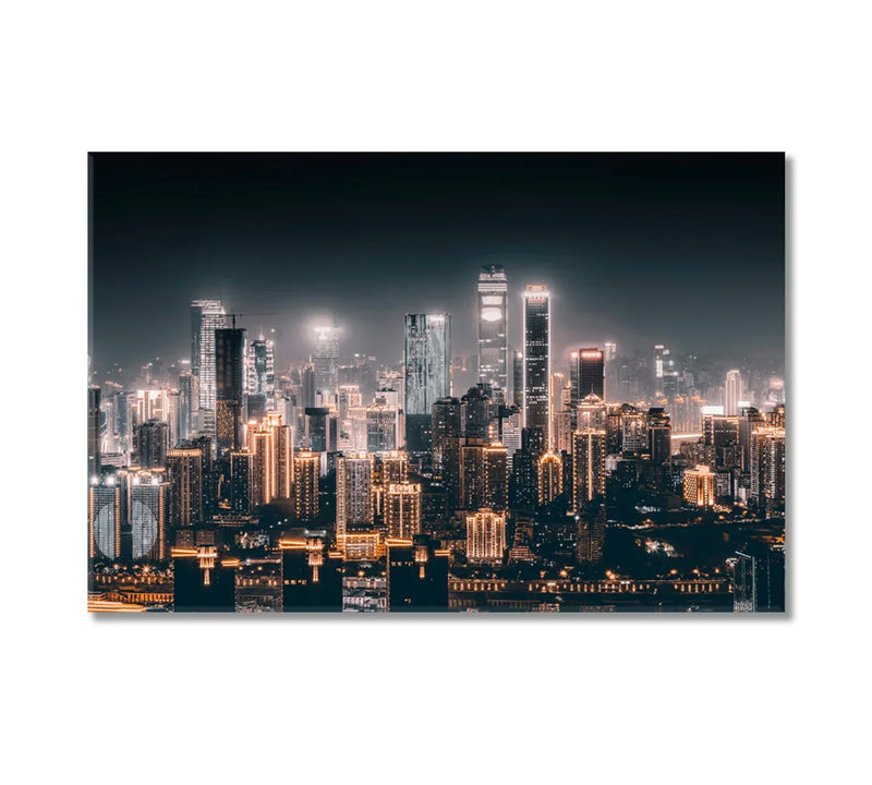 Night city skyline canvas with warm lights