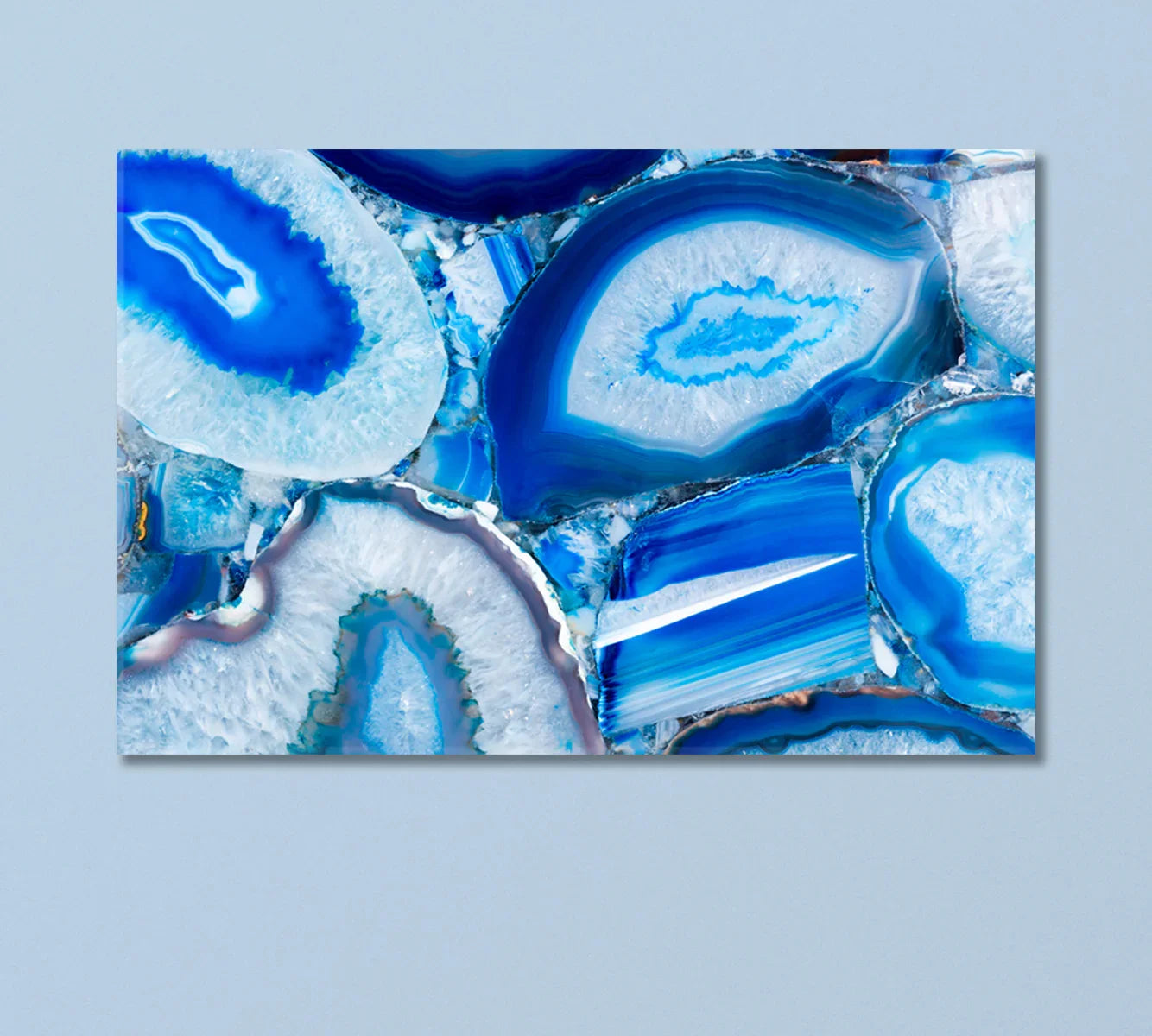 Abstract Blue Agate Canvas Print — close-up of crystalline blue agate bands with icy geodes