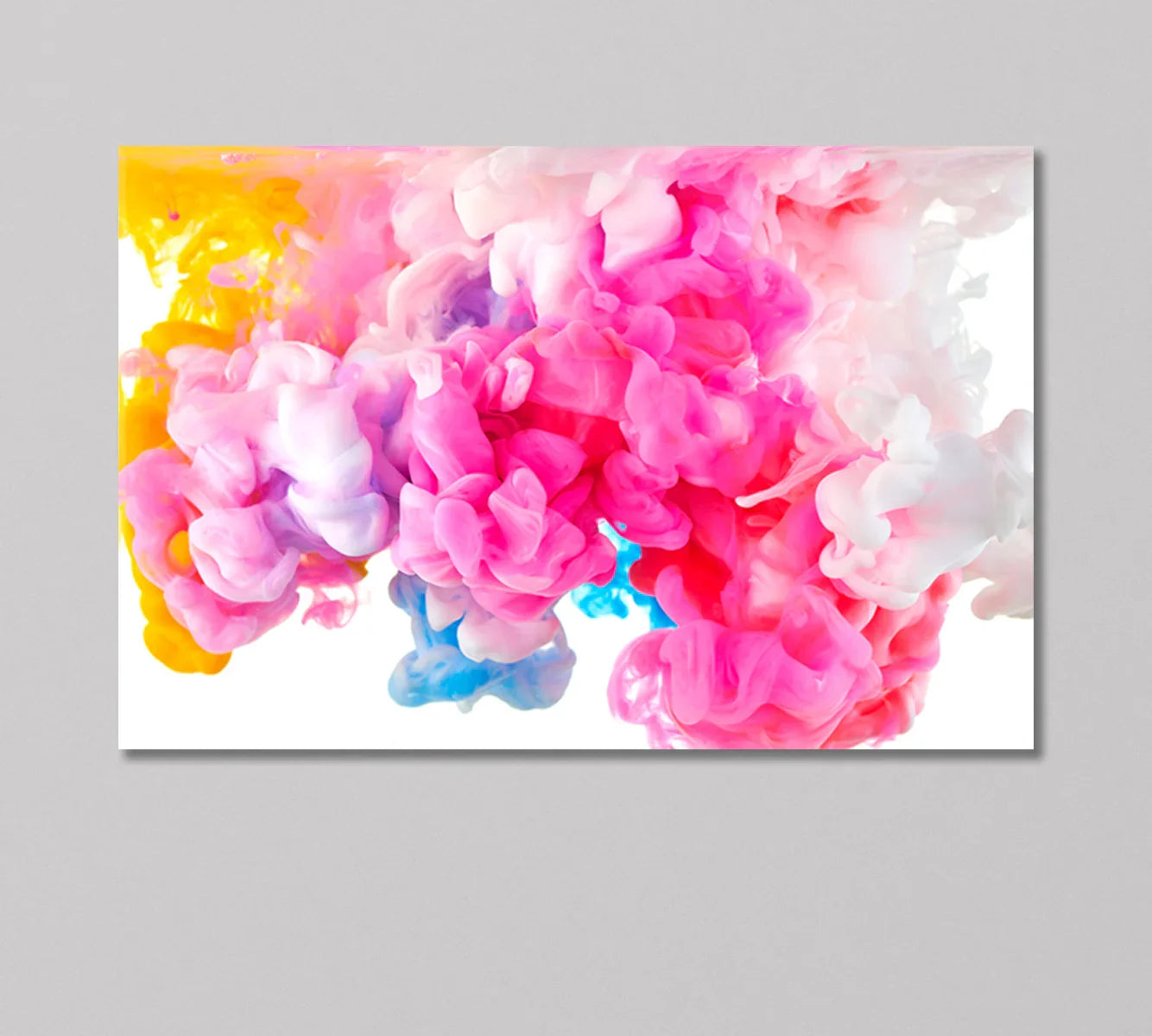 Abstract Multicolored Smoke Canvas Print close-up: pink and yellow ink clouds on white background
