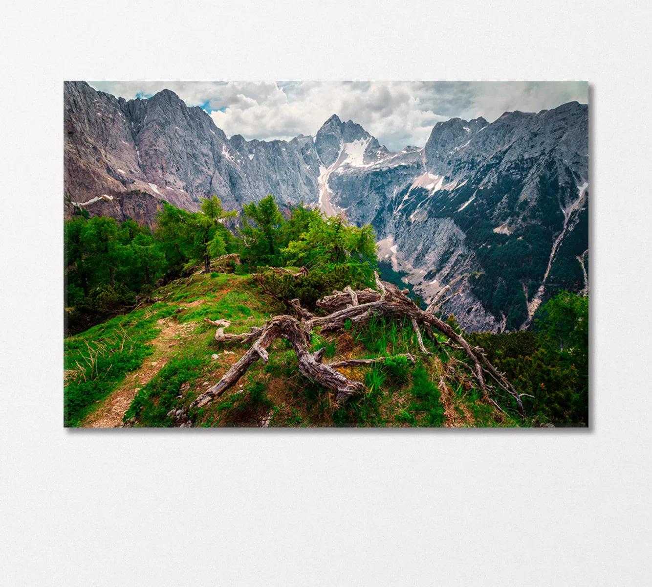 Mountain landscape canvas with green ridge and dramatic peaks