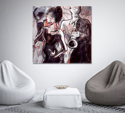 Jazz Saxophonist and Two Dancing Women Canvas Print-Canvas Print-CetArt-1 panel-12x12 inches-CetArt