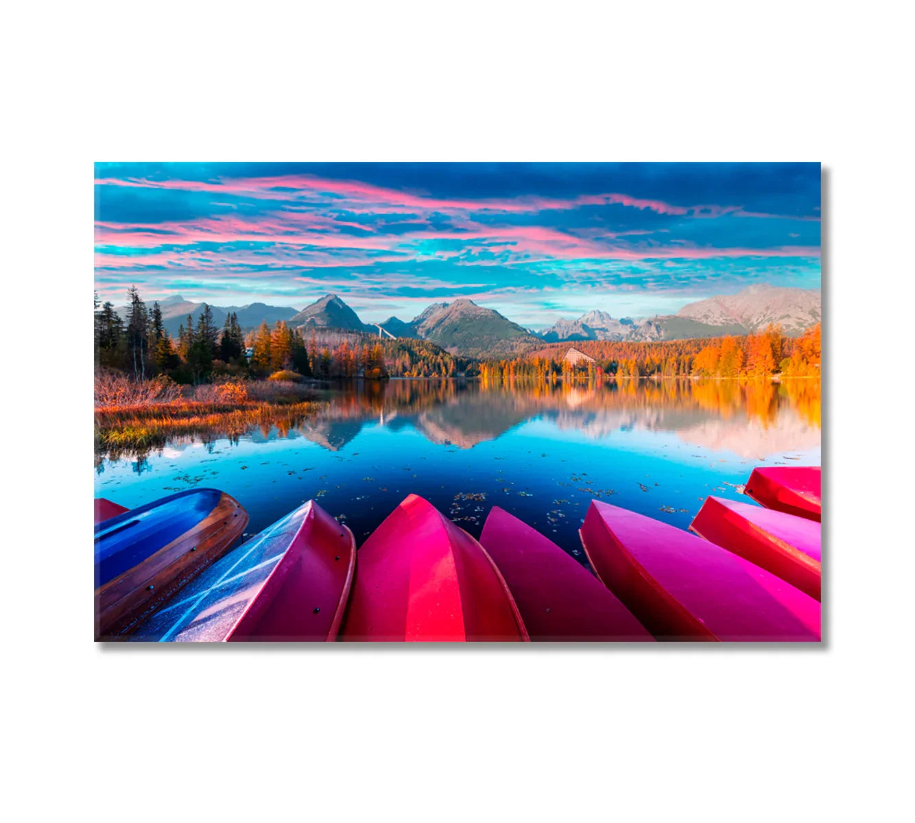 Red wooden boats on mirror-still Lake Štrbské Pleso with the High Tatras in autumn light — landscape canvas print, ready to hang