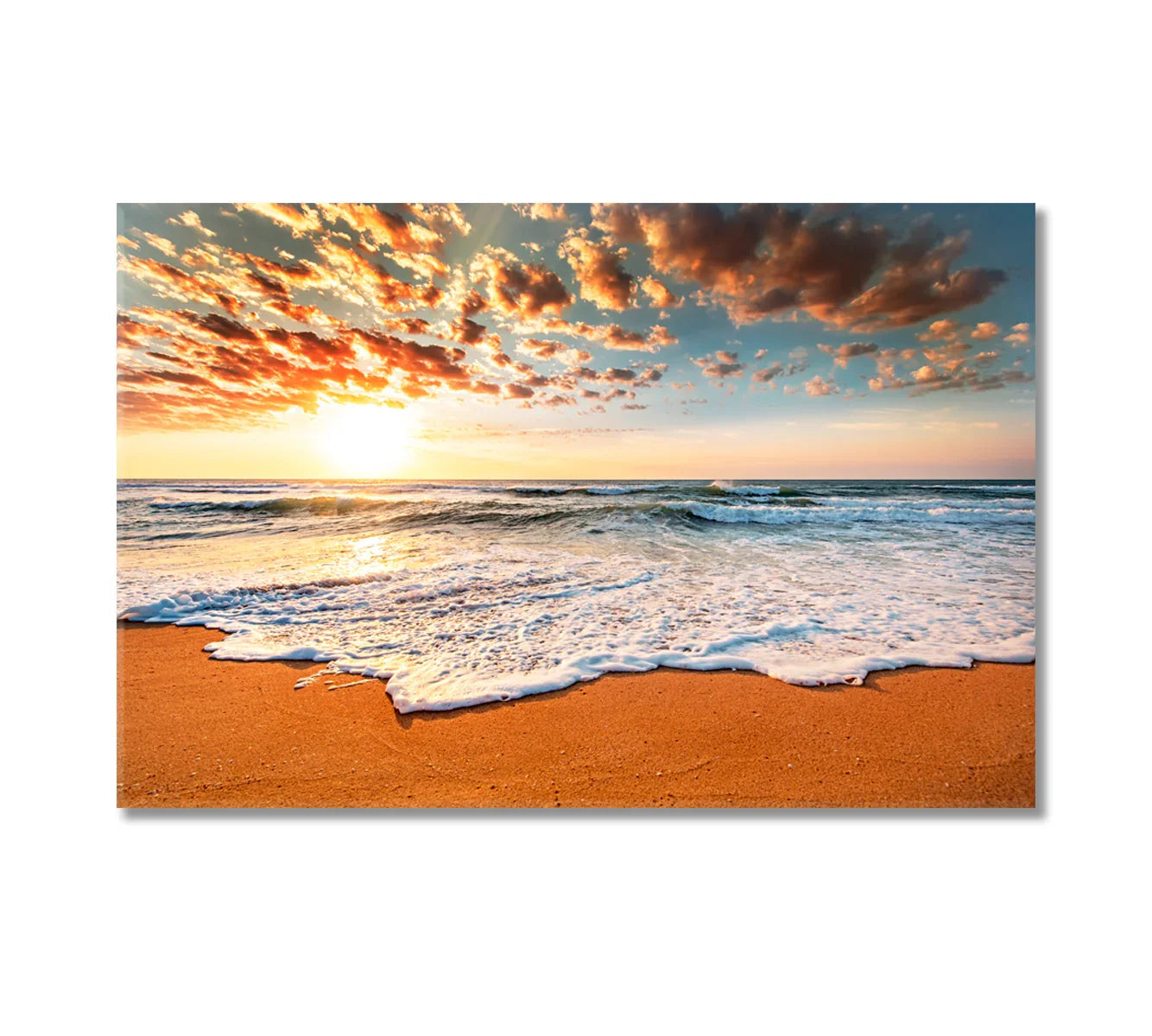 Golden sunrise over a gentle shoreline — ocean waves curling onto warm sand, printed on gallery-wrapped canvas.