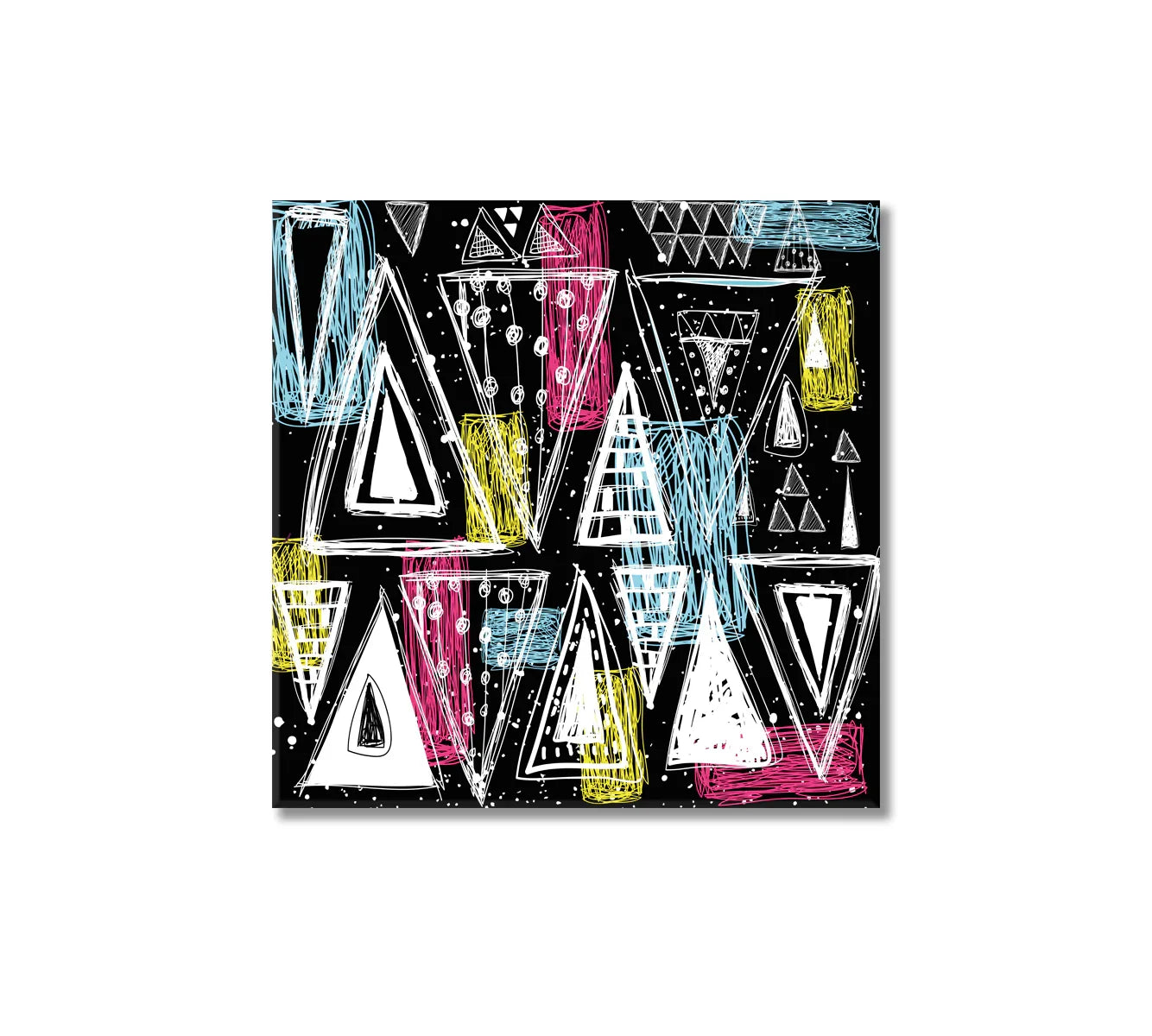 Close view of abstract line shapes in white, yellow, pink and blue on black canvas
