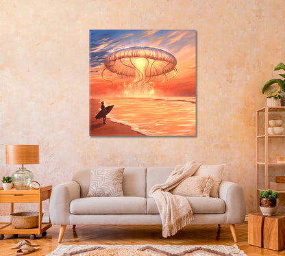 Fantastic Jellyfish over Surfer Canvas Print-Canvas Print-CetArt-1 panel-12x12 inches-CetArt