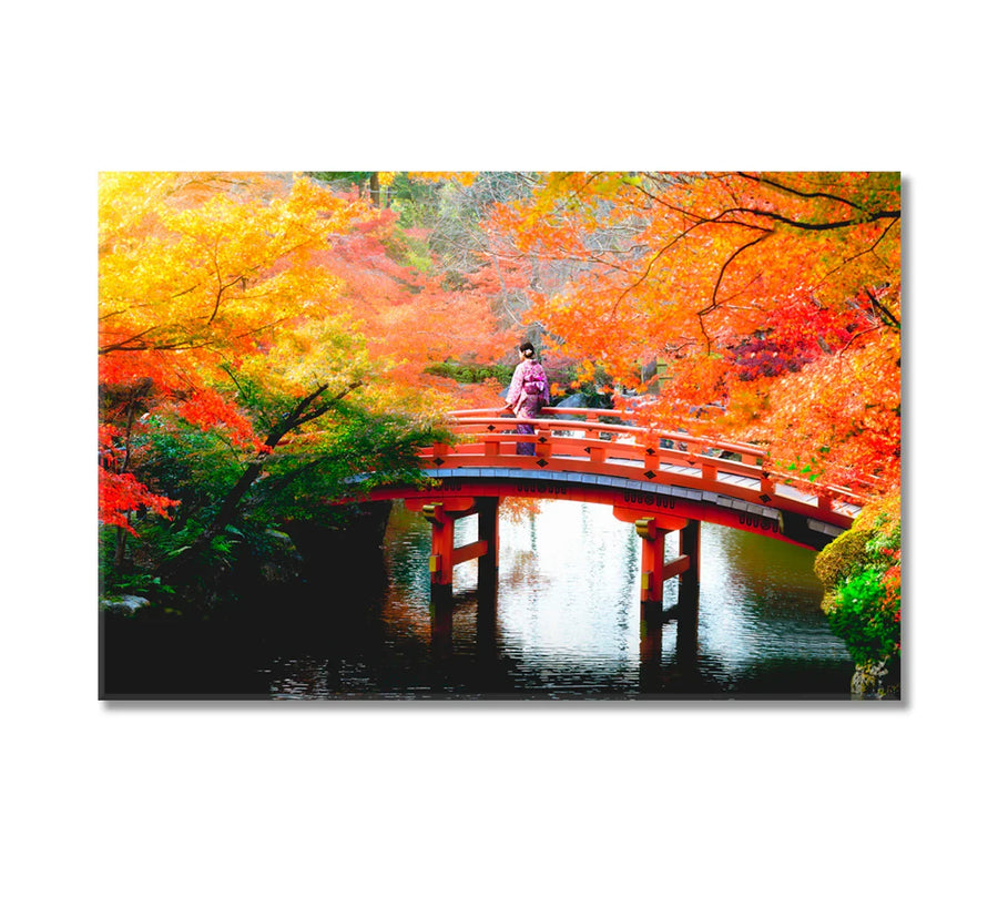 Wooden Bridge in Autumn Canvas Print—crimson foliage and calm water