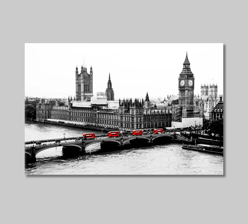 London scene with red buses accent on black & white base