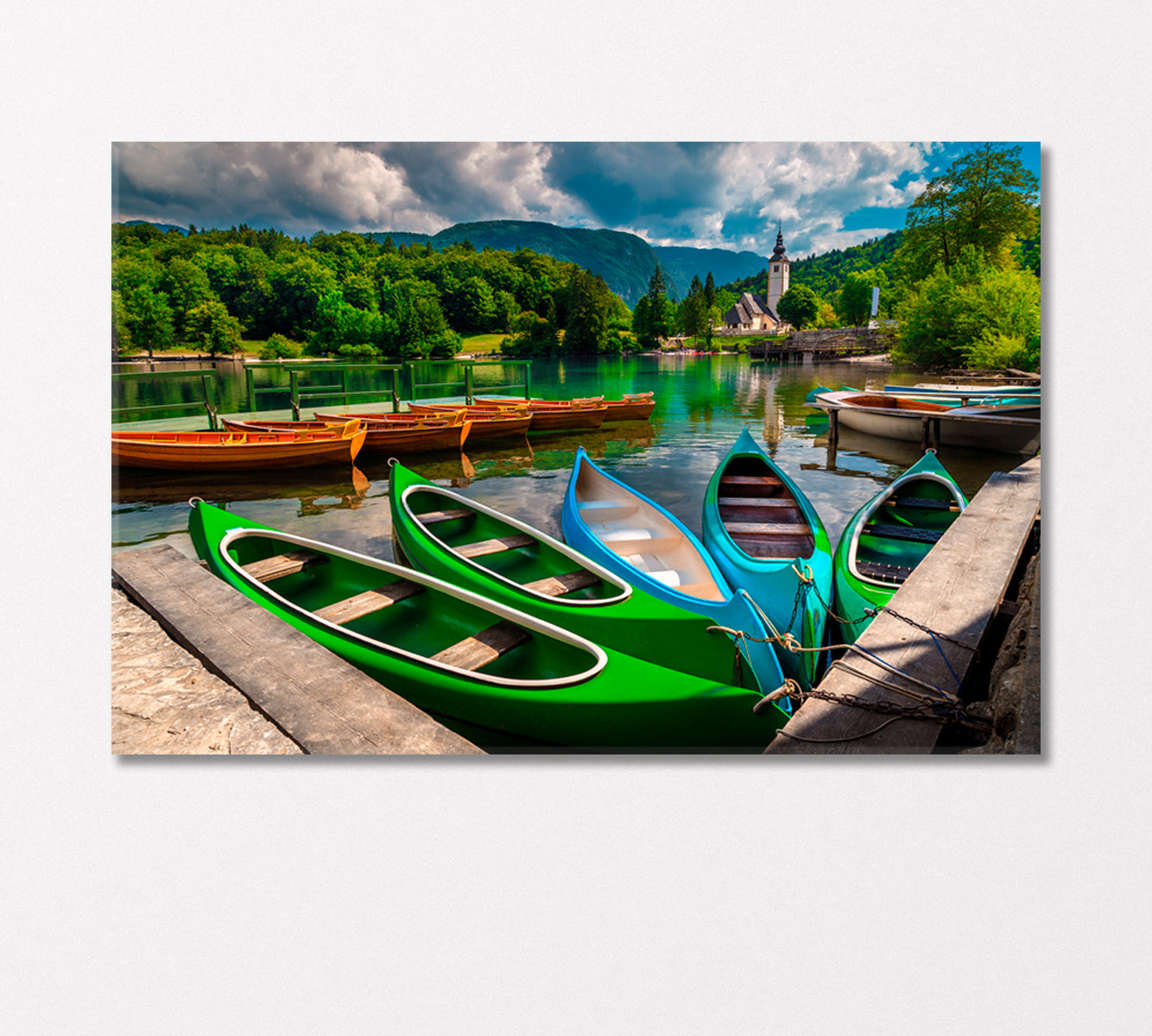 Canoes Kayaks and Wooden Boats on Lake Bohinj Slovenia Canvas Print-Canvas Print-CetArt-1 Panel-24x16 inches-CetArt