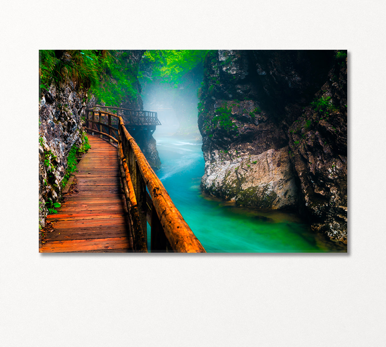 Narrow Foggy Vintgar Gorge with Wooden Footbridge Slovenia Canvas Print-Canvas Print-CetArt-1 Panel-24x16 inches-CetArt