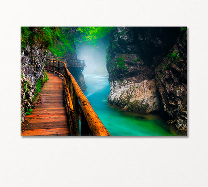 Narrow Foggy Vintgar Gorge with Wooden Footbridge Slovenia Canvas Print-Canvas Print-CetArt-1 Panel-24x16 inches-CetArt