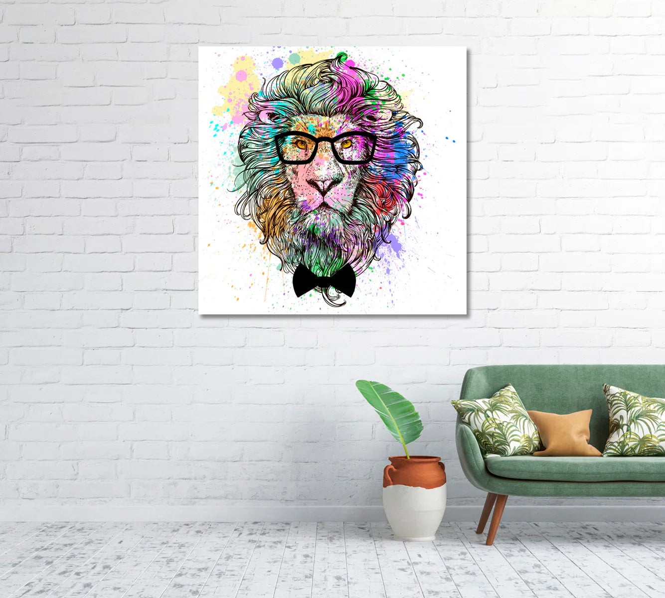 Lion portrait canvas in airy loft with white brick wall—multicolor mane pops against white