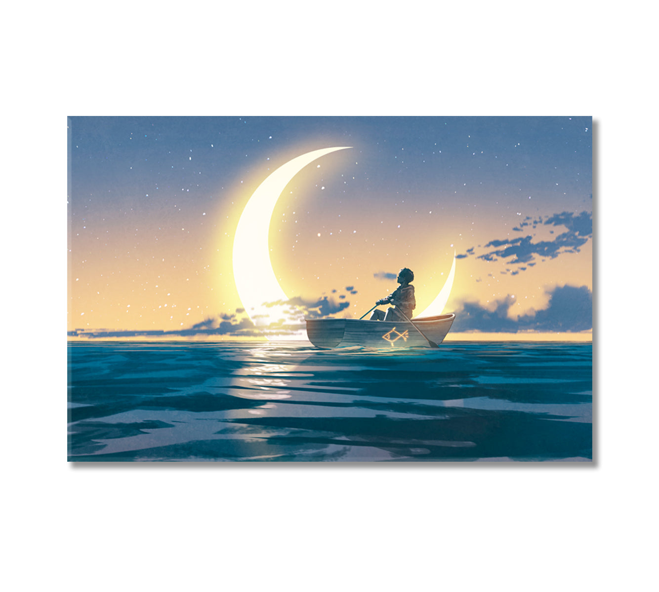 Man in Boat at Sea with Crescent Canvas Print-Canvas Print-CetArt-1 Panel-24x16 inches-CetArt