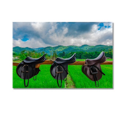 Saddle in Horse Farm with Mountain Landscape Canvas Print-Canvas Print-CetArt-1 Panel-24x16 inches-CetArt