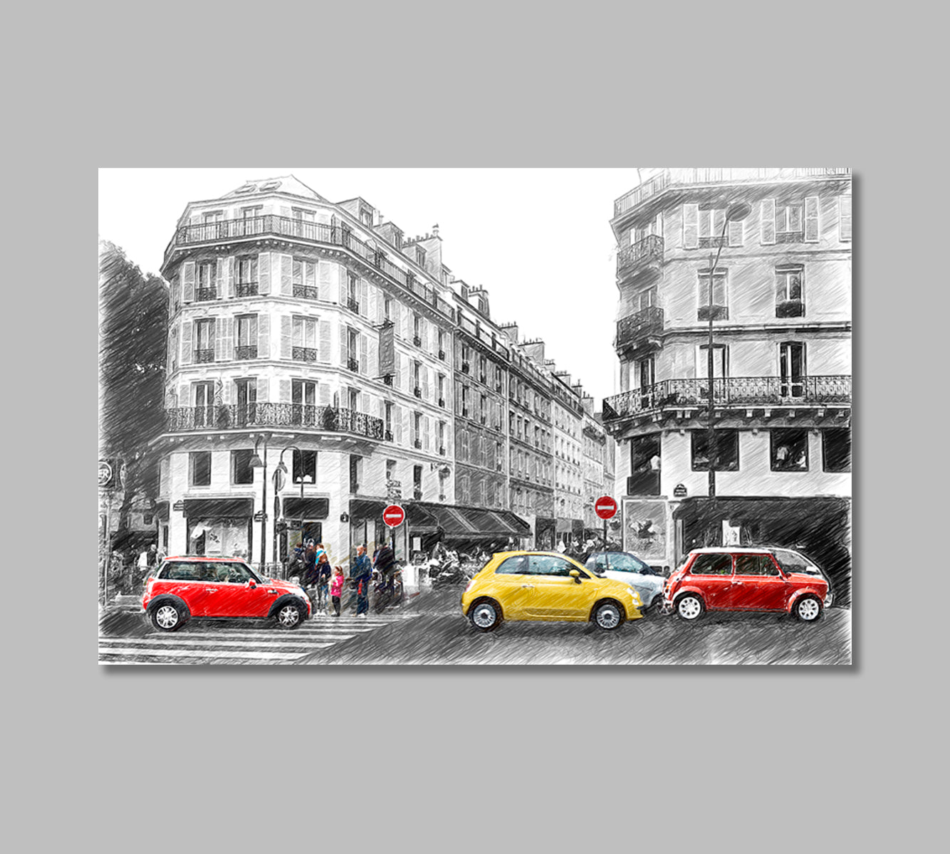 Paris Street in Black And White With Red Cars Canvas Print-Canvas Print-CetArt-1 Panel-24x16 inches-CetArt
